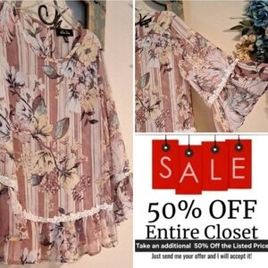 Melissa Paige Pink & Brown Ruffled Bell Sleeve Blouse Size M